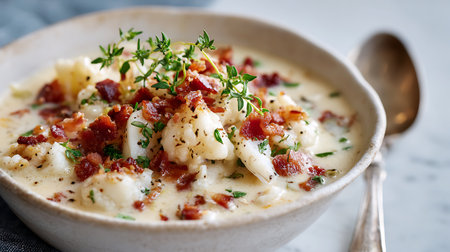 Creamy Cauliflower Soup with Bacon and Cheese, squareの素材