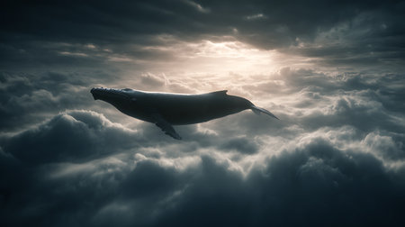 Humpback whale flying through the clouds. 3D render.の素材