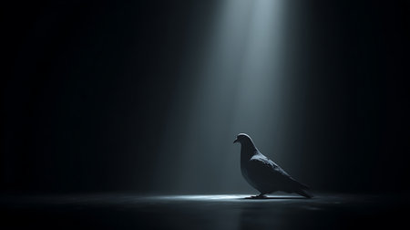 Silhouette of a pigeon on a dark background with rays of lightの素材