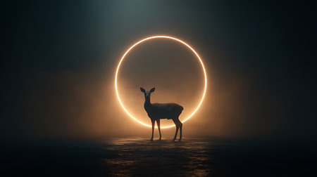 Silhouette of a deer in the dark with a circle in the backgroundの素材
