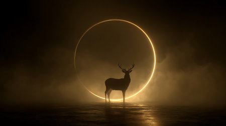 Silhouette of a deer with long horns on a dark background with a glowing circle in the centerの素材