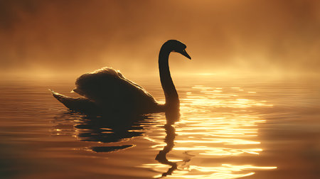 swan on a lake at sunrise in autumn, beautiful photo digital pictureの素材
