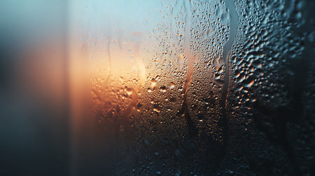Drops of rain on the window at sunset, close-upの素材
