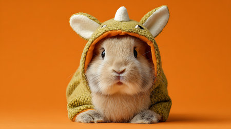 Cute little rabbit in a warm sweater on an orange background.の素材