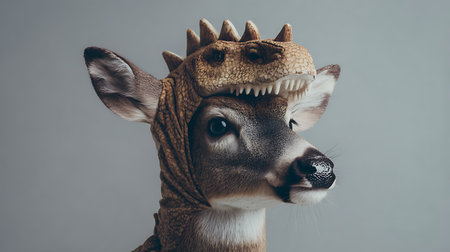 Funny portrait of a deer in a hat with horns on a gray backgroundの素材