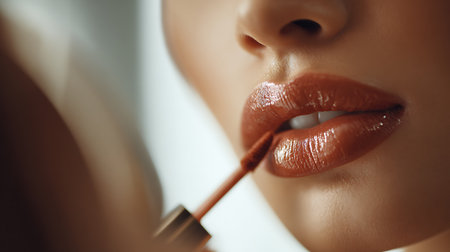 Close up of beautiful woman applying red lipstick on her lips. Makeup concept.の素材