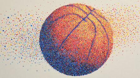 Colorful basketball ball on a white background with splashes of paintの素材