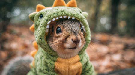 Cute squirrel wearing a hat and scarf in the autumn forest.の素材