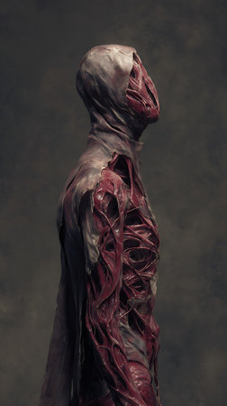 Scary mummy in blood on a dark background. Halloween concept.の素材