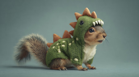 Cute little squirrel dressed in a green coat sitting on a gray backgroundの素材