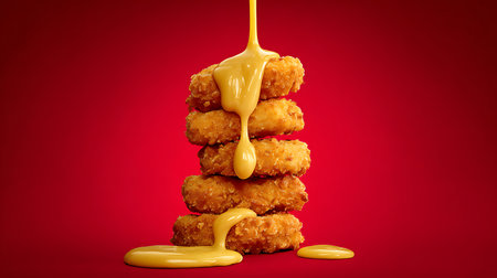 Crispy fried chicken nuggets with golden sauce on red backgroundの素材