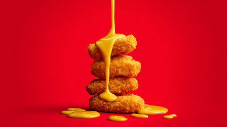 Fried chicken nuggets with yellow sauce on a red background.の素材