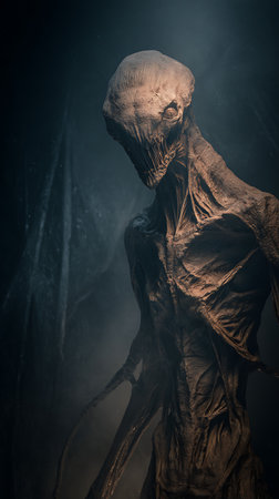 Creepy Halloween ghost in the dark forest. Horror concept.の素材