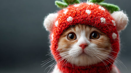 Cute ginger cat wearing a red hat and scarf. Christmas concept.の素材