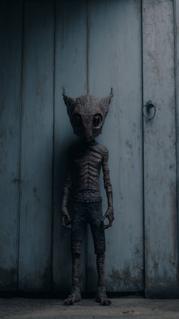 Halloween concept. Scary monster standing in front of wooden doorの素材