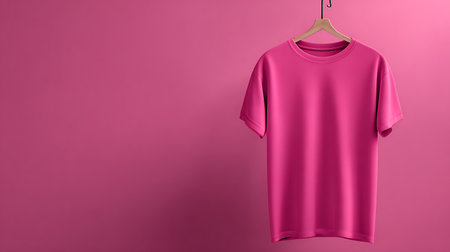 Pink t-shirt hanging on a hanger against a pink backgroundの素材