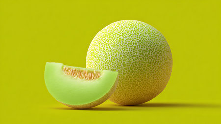 Ripe melon on a yellow background. 3d rendering.の素材
