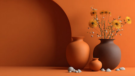 Still life with clay vase and flowers on orange background. 3d renderingの素材