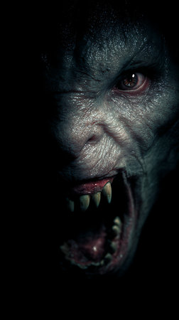 Scary zombie face on black background, halloween concept.の素材