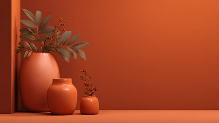 3d render, terracotta vases on orange background.の素材