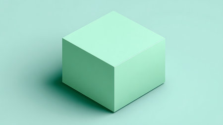 3D rendering of a green cube on a turquoise backgroundの素材