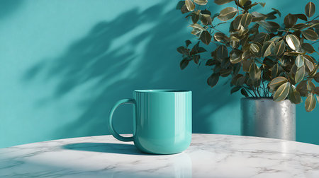 Mug mockup on white marble table with plant. 3d renderの素材