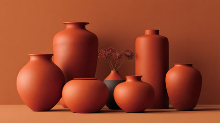 clay vases on orange background. 3d render illustration.の素材