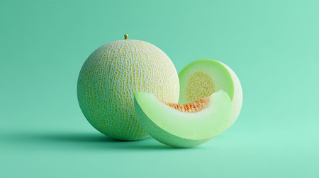 Cantaloupe melon on green background. Minimal concept.の素材