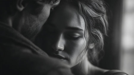 Closeup portrait of a young couple in love. Black and white photo.の素材