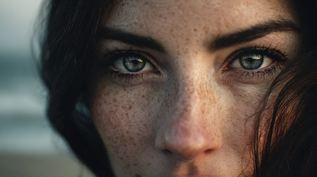 Closeup of a beautiful young woman with freckles on her face.の素材