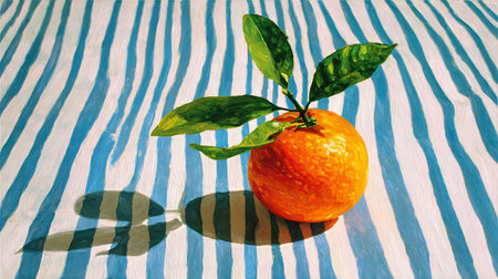 Tangerine with leaves on a striped blue and white background.の素材
