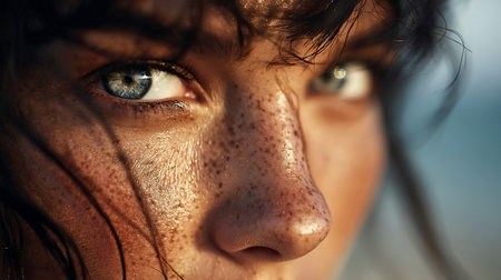 Close up portrait of a beautiful young woman with wet hair and blue eyesの素材