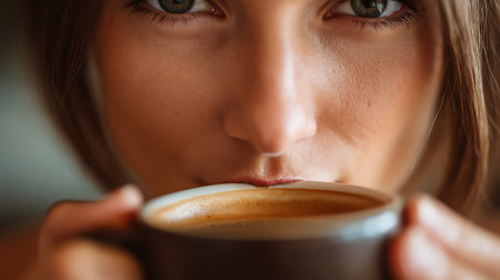 Close up of a young woman holding a cup of coffee, selective focusの素材