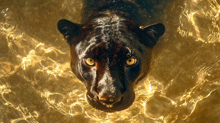 Black panther swimming in a pool of water with golden light.の素材
