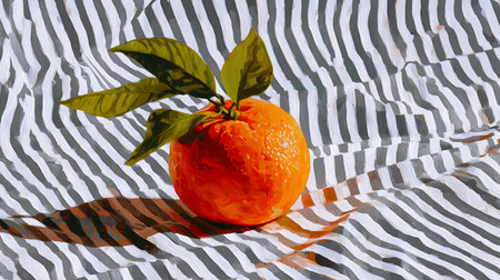 Orange with leaves on a striped background, 3d rendering. Computer digital drawing.の素材