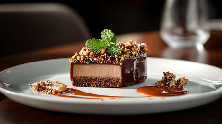 Chocolate cake with caramel sauce and mint on a white plate.の素材