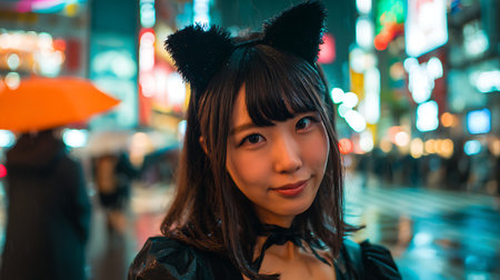 Portrait of Japanese anime cosplay girl in the city at nightの素材