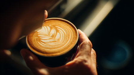 Cup of coffee latte art in female hands on black backgroundの素材