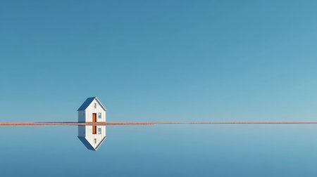 House on a rope in the water with a blue sky background.の素材