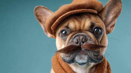french bulldog wearing a hat and scarf on a blue backgroundの素材
