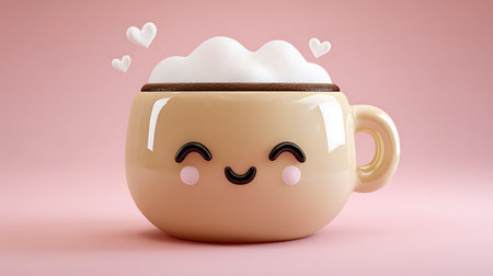 Coffee mug with happy face on pink background. 3d illustrationの素材