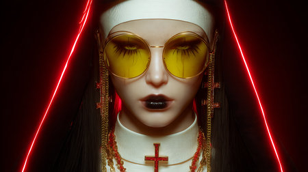 Fashion portrait of a young woman in yellow sunglasses with red neon light.の素材