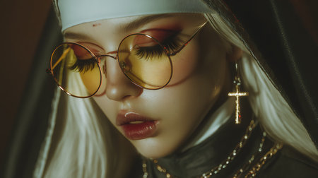 Portrait of a beautiful young woman in a white hat and sunglassesの素材