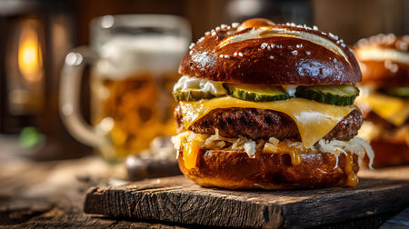 Homemade hamburger with cheese and cucumber on a wooden backgroundの素材