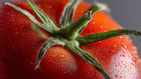 Close up of a fresh red tomato with water droplets on itの素材