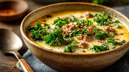 Creamy kale soup with minced meat and parsley in a bowlの素材