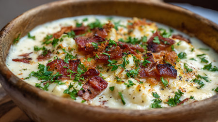 Creamy scrambled eggs with bacon and herbs in a wooden bowlの素材