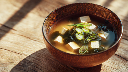 Japanese miso soup with tofu and green onions in a wooden bowlの素材