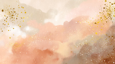 Abstract watercolor background with golden sparkles and watercolor stains.の素材