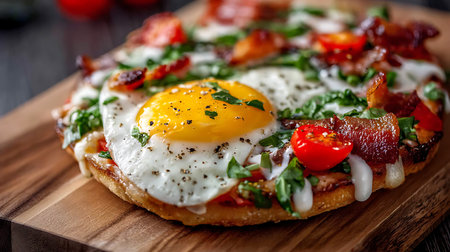 Pizza with fried egg, bacon, tomato and herbs on wooden boardの素材